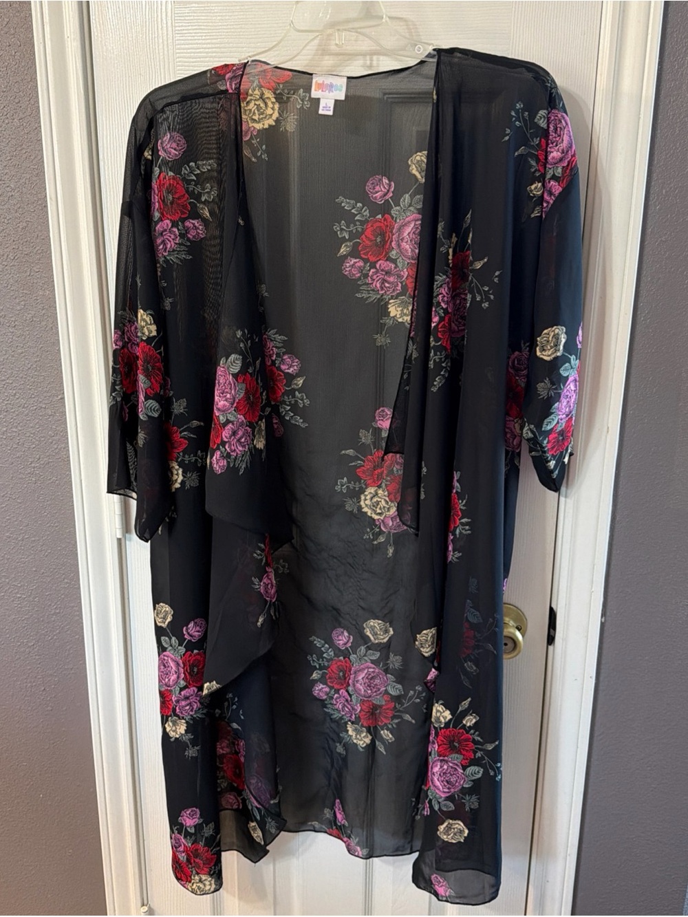 LuLaRoe Black Floral Sheer Kimono Cover-Up - Women's Dress Layering Piece Size L